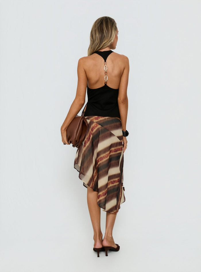 back view of model wearing Princess Polly Esmira Asymmetrical Midi Skirt Brown Stripe Midi Skirts Skirts