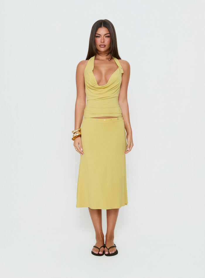 Showcasing the Esperia Button Midi Skirt Green in a fitted aline womens-skirts design front view of model wearing Princess Polly