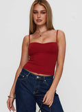 front view of model wearing Princess Polly Evanda Top Burgundy Sleeveless Sweetheart
