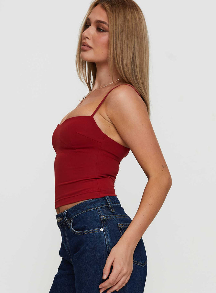 side view of model wearing Princess Polly Evanda Top Burgundy Sleeveless Sweetheart