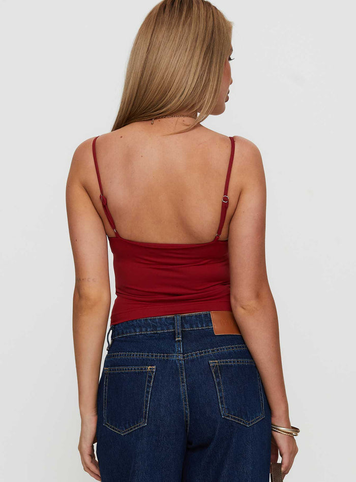 back view of model wearing Princess Polly Evanda Top Burgundy Sleeveless Sweetheart