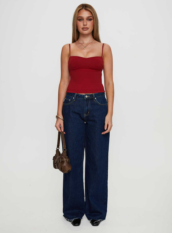 front view of model wearing Princess Polly Evanda Top Burgundy Sleeveless Sweetheart