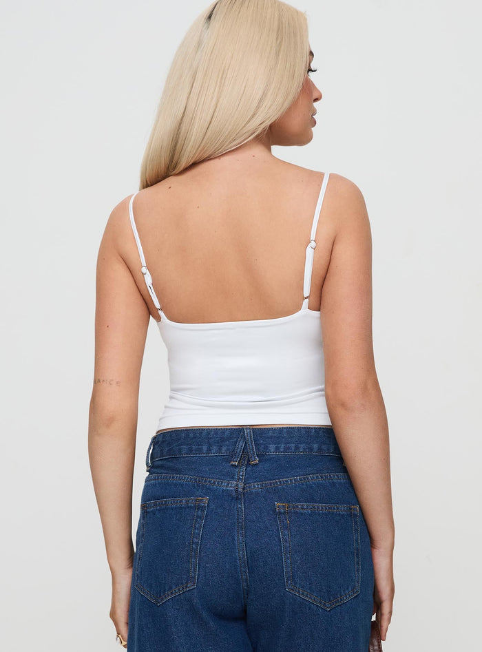 back view of model wearing Princess Polly Evanda Top White Sleeveless Sweetheart