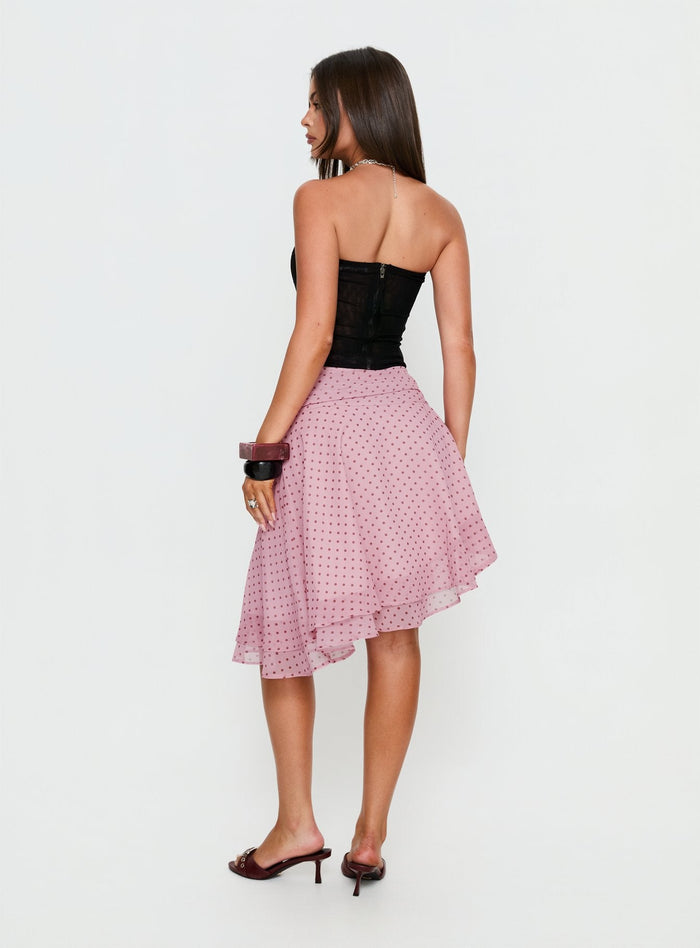 back view of model wearing Princess Polly Evanescence Asymmetrical Midi Skirt Pink Polka Dot Midi Skirts Skirts