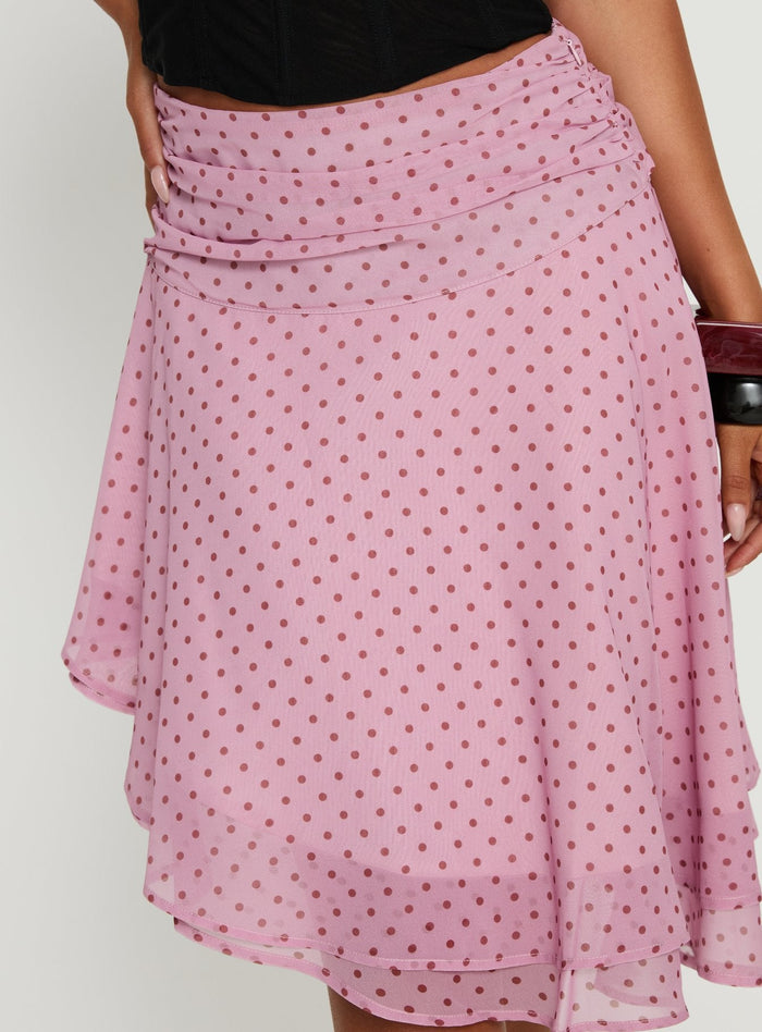 product Princess Polly Evanescence Asymmetrical Midi Skirt Pink Polka Dot Midi Skirts Skirts