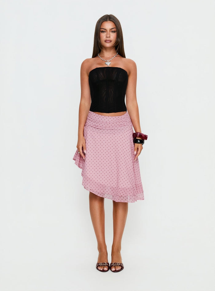 front view of model wearing Princess Polly Evanescence Asymmetrical Midi Skirt Pink Polka Dot Midi Skirts Skirts