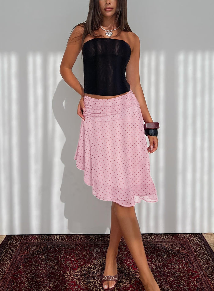 front view of model wearing Princess Polly Evanescence Asymmetrical Midi Skirt Pink Polka Dot Midi Skirts Skirts