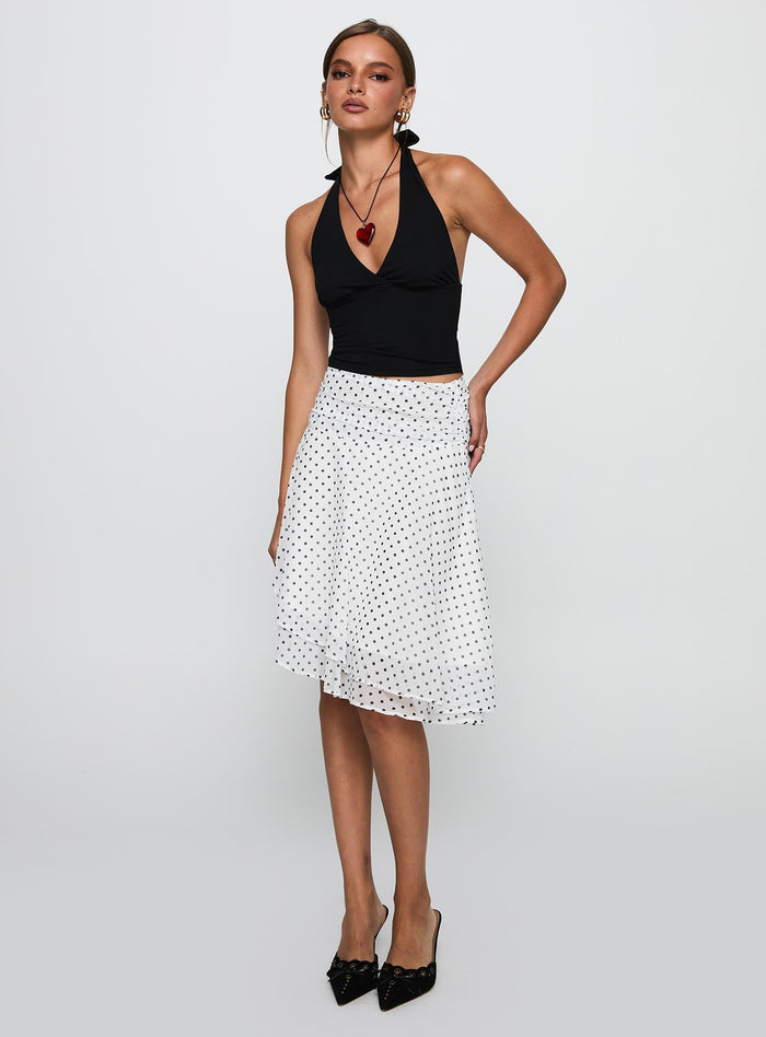 front view of model wearing Princess Polly Evanescence Asymmetrical Midi Skirt White / Polka Dot Midi Skirts