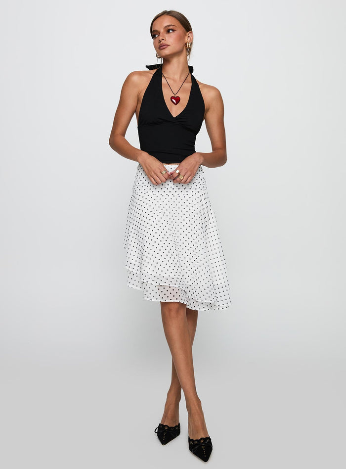 front view of model wearing Princess Polly Evanescence Asymmetrical Midi Skirt White / Polka Dot Midi Skirts