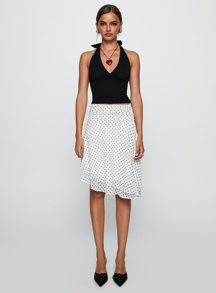 front view of model wearing Princess Polly Evanescence Asymmetrical Midi Skirt White / Polka Dot Midi Skirts