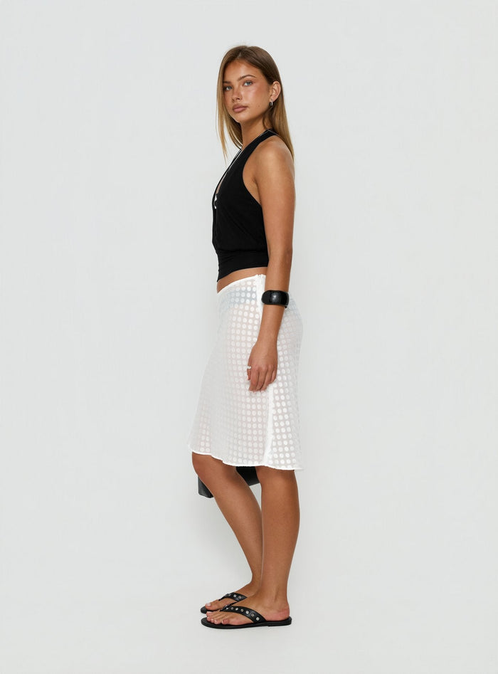 Showcasing the Evangela Sheer Midi Skirt in womens-skirts with a-line shape side view of model wearing Princess Polly