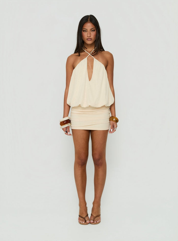 Evelia Keyhole Halter Mini Dress Butter Yellow