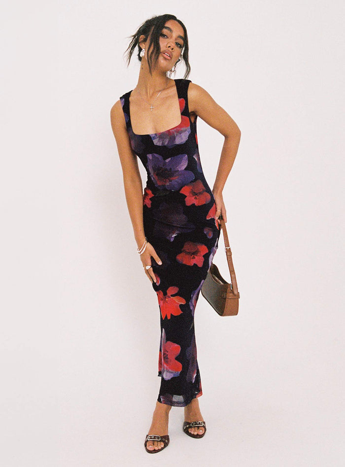 front view of model wearing Princess Polly Eviana Maxi Dress Floral Square Neck
