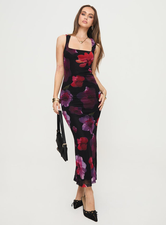 front view of model wearing Princess Polly Eviana Maxi Dress Floral Square Neck