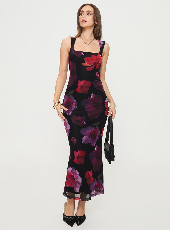 front view of model wearing Princess Polly Eviana Maxi Dress Floral Square Neck