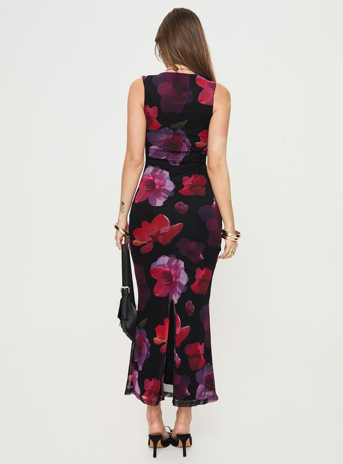 back view of model wearing Princess Polly Eviana Maxi Dress Floral Square Neck