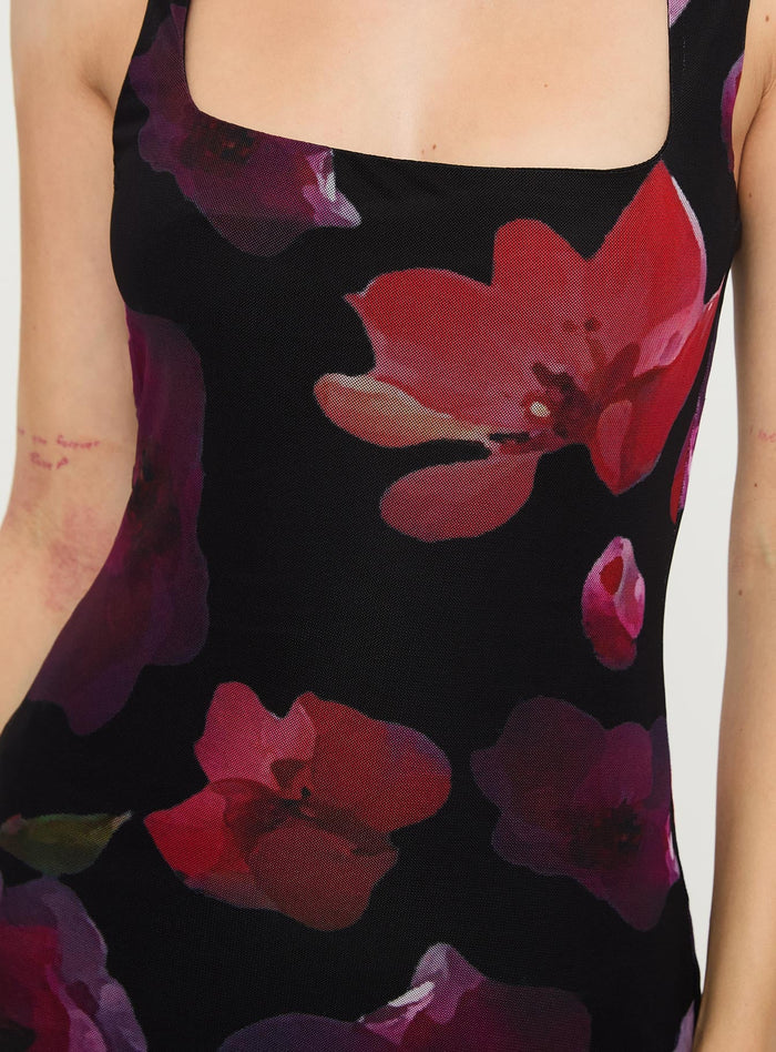 back view of model wearing Princess Polly Eviana Maxi Dress Floral Square Neck