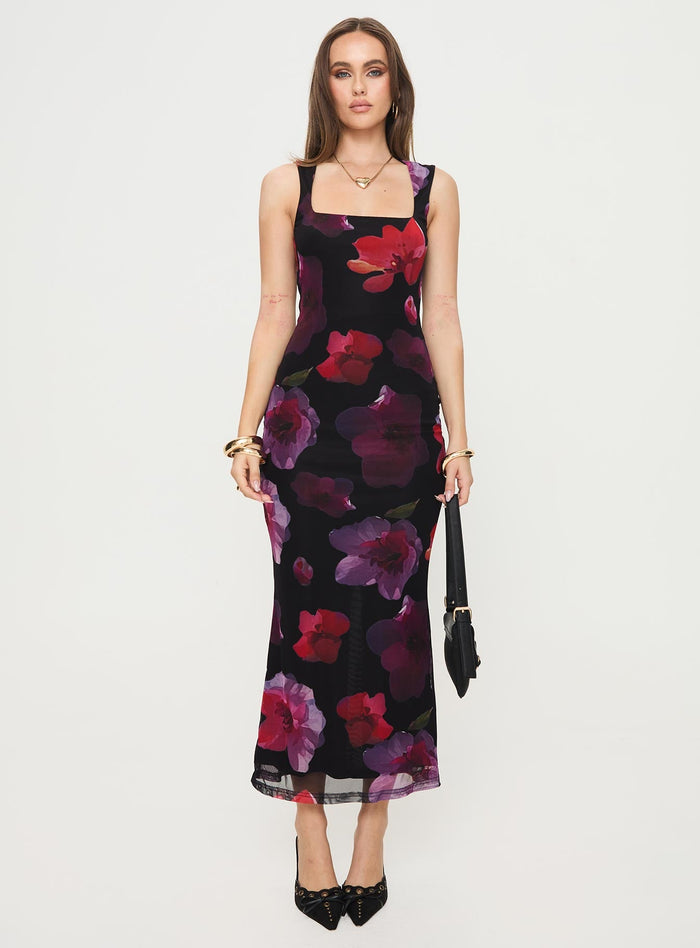 front view of model wearing Princess Polly Eviana Maxi Dress Floral Square Neck