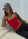 side view of model wearing Princess Polly Ezekiel Nylon Top Red Sleeveless Scoop Neck