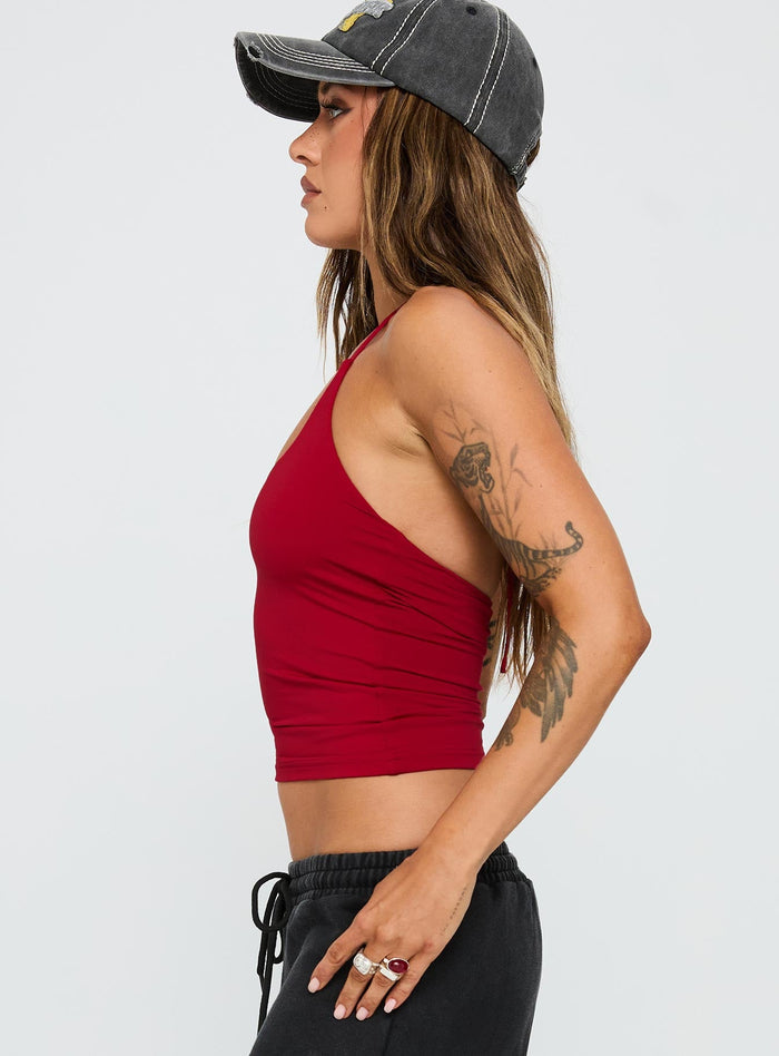 side view of model wearing Princess Polly Ezekiel Nylon Top Red Sleeveless Scoop Neck