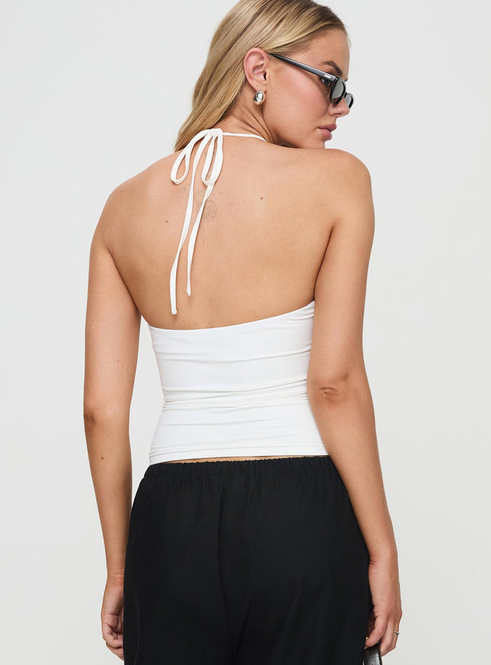 back view of model wearing Princess Polly Ezekiel Nylon Top White Sleeveless Square Neck