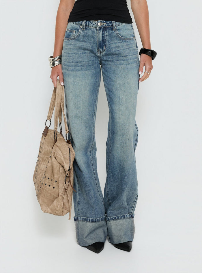 back view of model wearing Princess Polly Ezia Wide Cuff Baggy Jeans Raw Denim Mid Rise Jeans