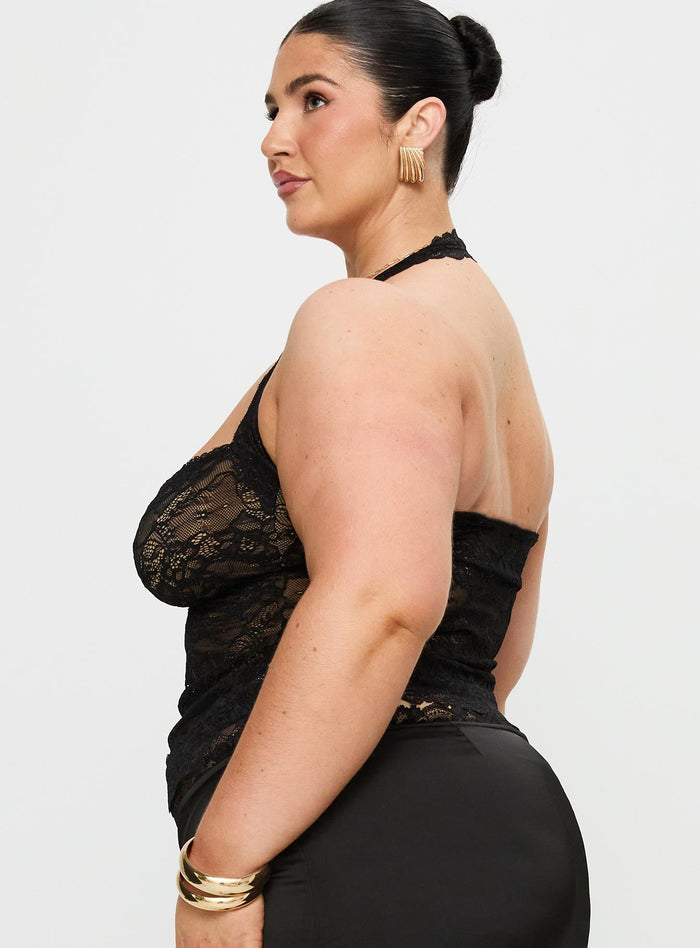 side view of model wearing Princess Polly Fantasize Lace Halter Top Black Curve Sleeveless Sweetheart