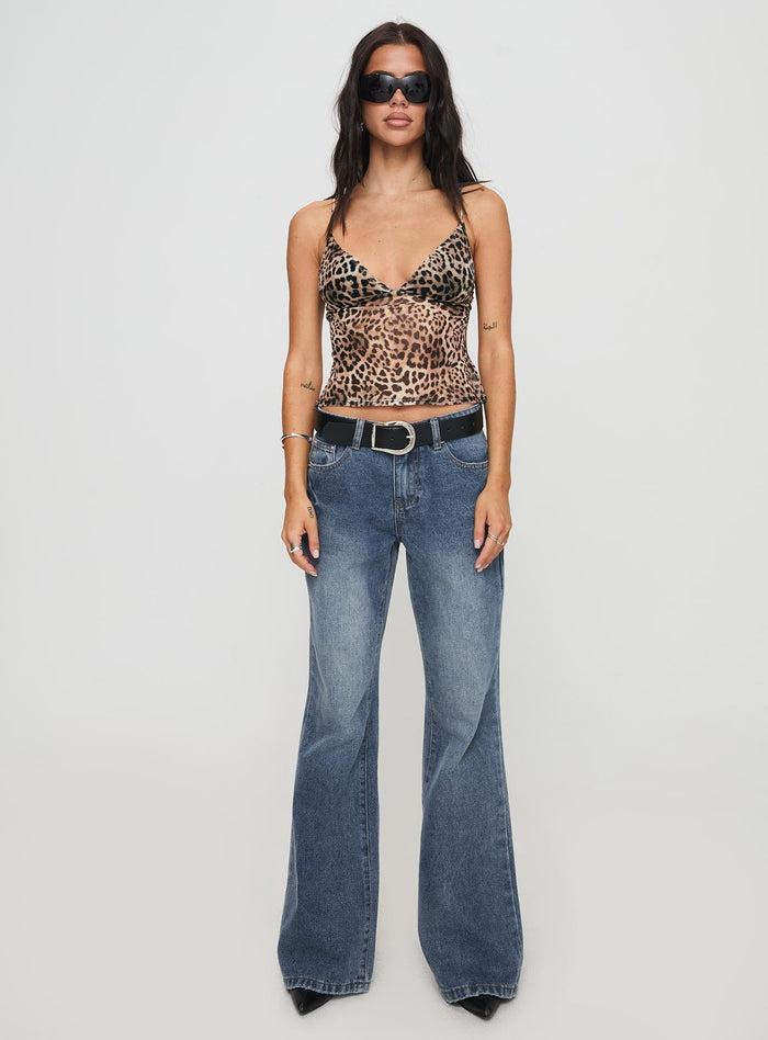 front view of model wearing Princess Polly Fast Times Top Leopard Sleeveless Plunger