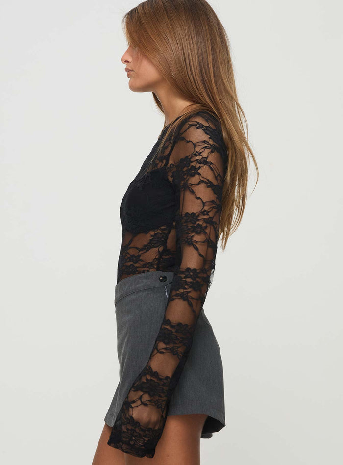 side view of model wearing Princess Polly Feelix Long Sleeve Lace Bodysuit Black Long Sleeve Tops