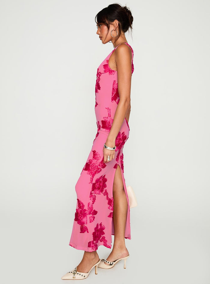 side view of model wearing Princess Polly Fionna Floral Maxi Dress Pink Crew Neck