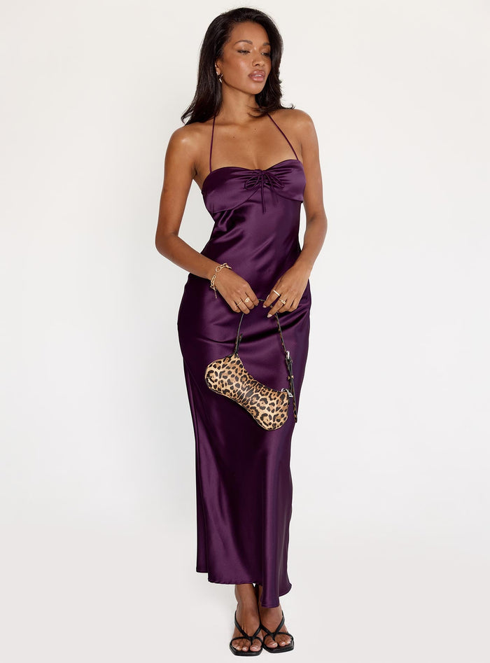 front view of model wearing Princess Polly Fireproof Halter Maxi Dress Plum Sweetheart Neckline