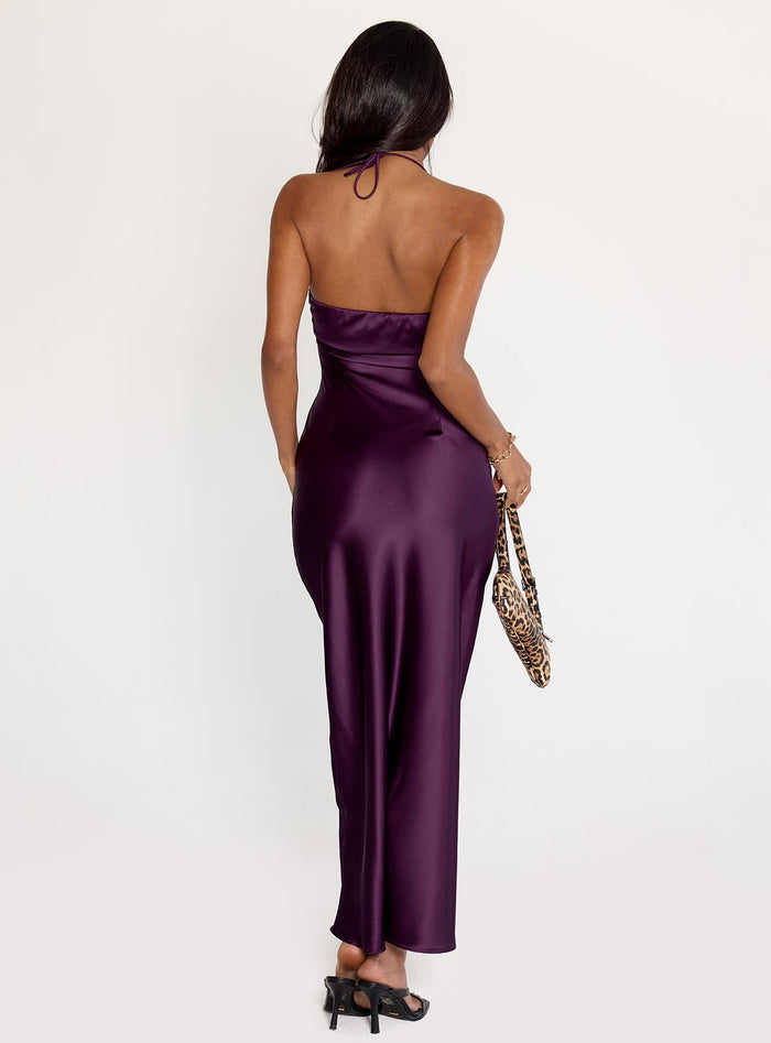 back view of model wearing Princess Polly Fireproof Halter Maxi Dress Plum Sweetheart Neckline