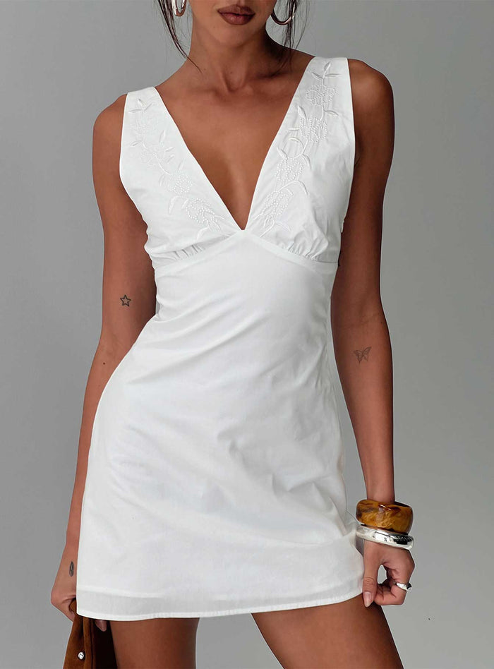 back view of model wearing Princess Polly Florien Broderie Mini Dress White Plunger