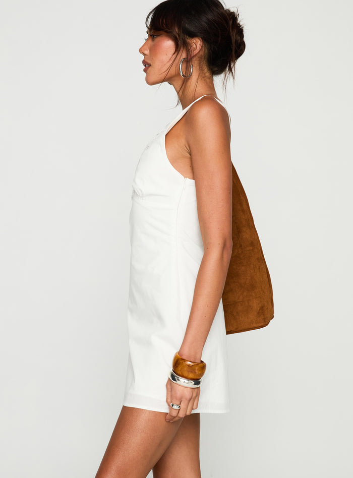 side view of model wearing Princess Polly Florien Broderie Mini Dress White Plunger