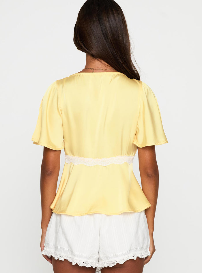 back view of model wearing Princess Polly For The Summer Lace Trim Top Yellow Short Sleeves Plunger