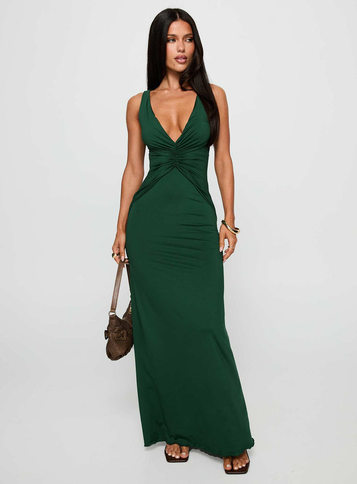 side view of model wearing Princess Polly Frederica Plunge Maxi Dress Forest Green Plunger