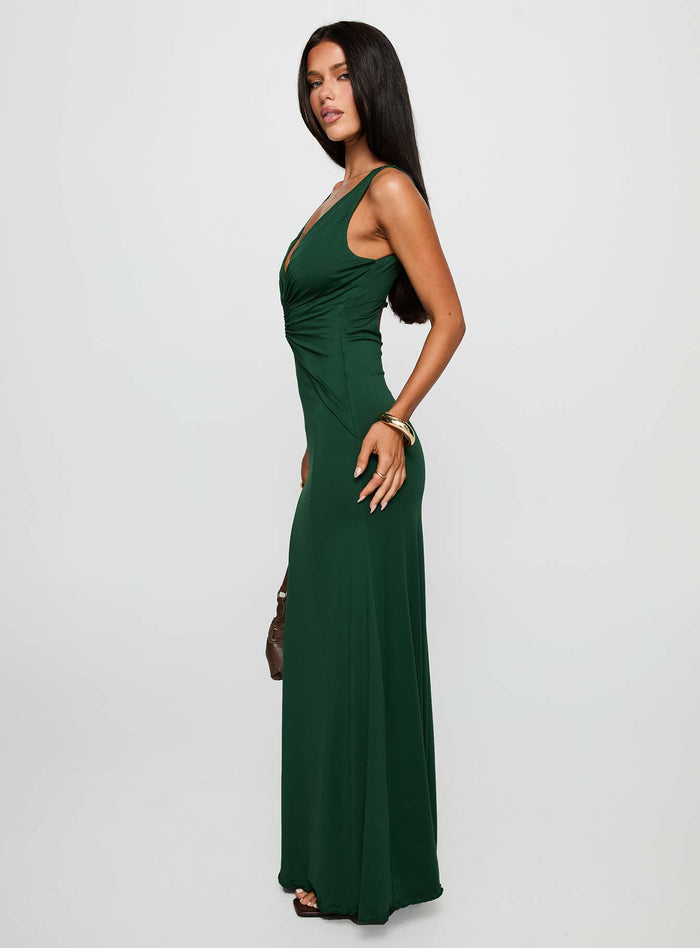 side view of model wearing Princess Polly Frederica Plunge Maxi Dress Forest Green Plunger