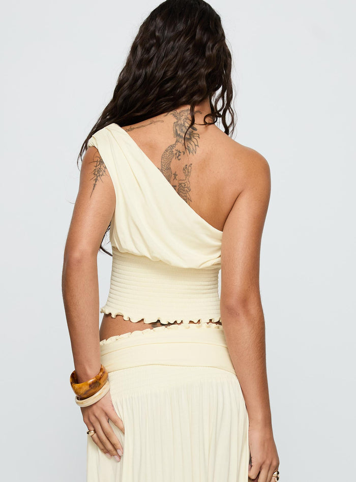 back view of model wearing Princess Polly Full Orbit One Shoulder Top Cream Sleeveless Asymmetric Neckline