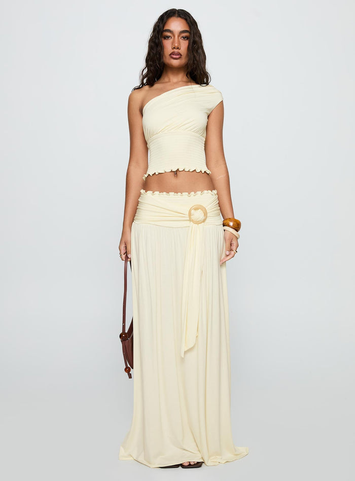 front view of model wearing Princess Polly Full Orbit One Shoulder Top Cream Sleeveless Asymmetric Neckline