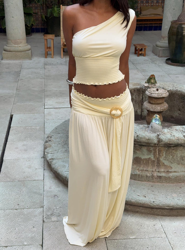 front view of model wearing Princess Polly Full Orbit One Shoulder Top Cream Sleeveless Asymmetric Neckline