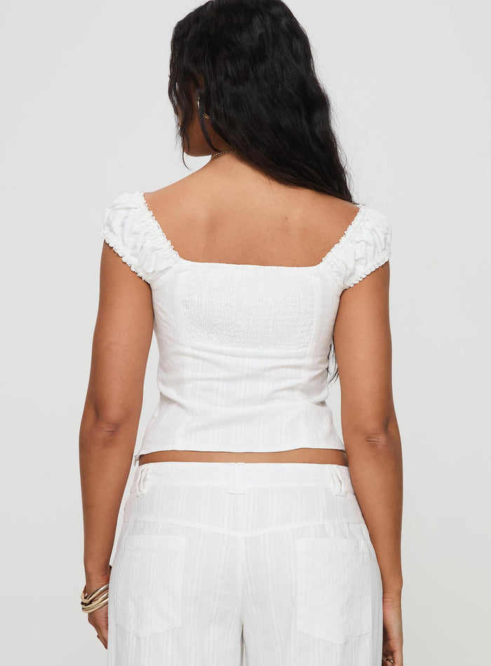 back view of model wearing Princess Polly Fyrie Top White Short Sleeves V-Neck