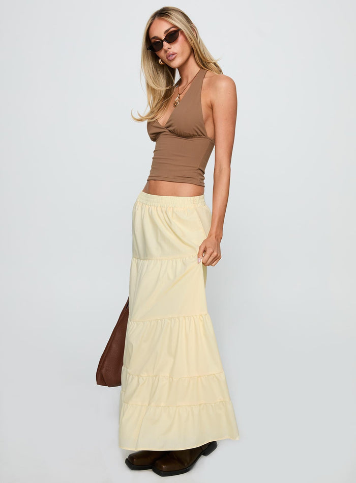 side view of model wearing Princess Polly Garden Party Maxi Skirt Lemon Maxi