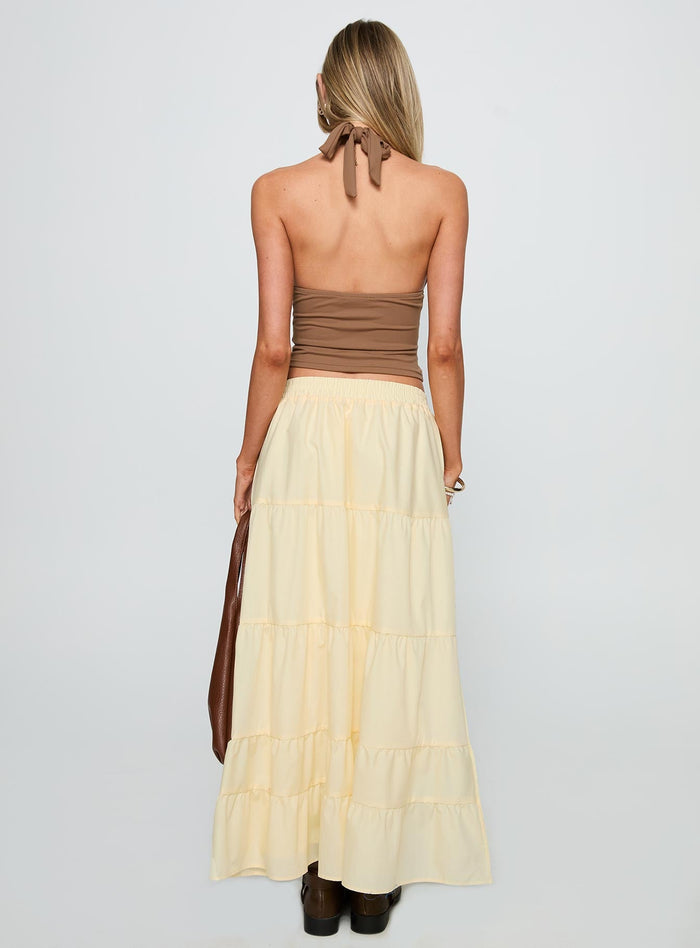 back view of model wearing Princess Polly Garden Party Maxi Skirt Lemon Maxi