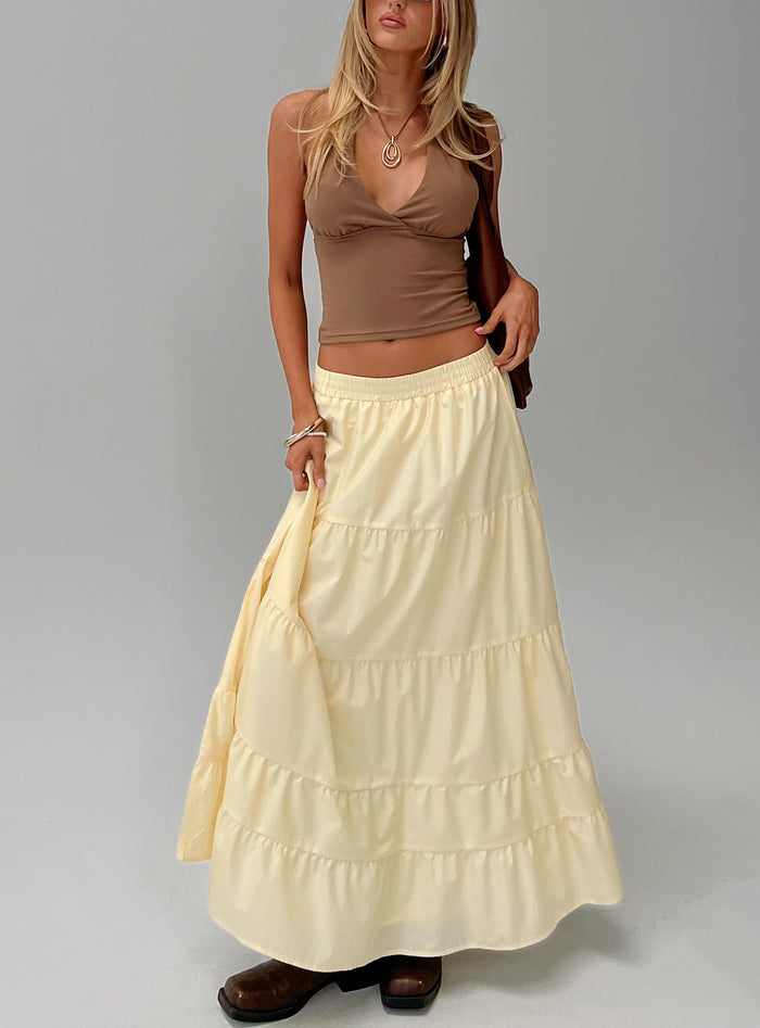 front view of model wearing Princess Polly Garden Party Maxi Skirt Lemon Maxi