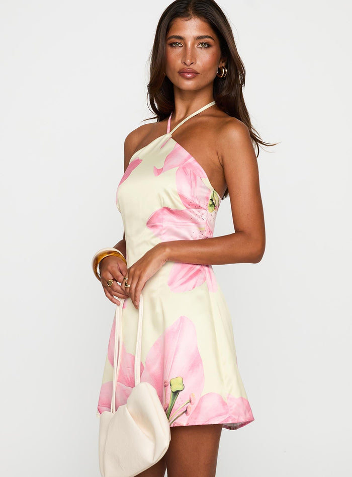 side view of model wearing Princess Polly Gardens Of Eden Halter Mini Dress Multi Asymmetric Neckline
