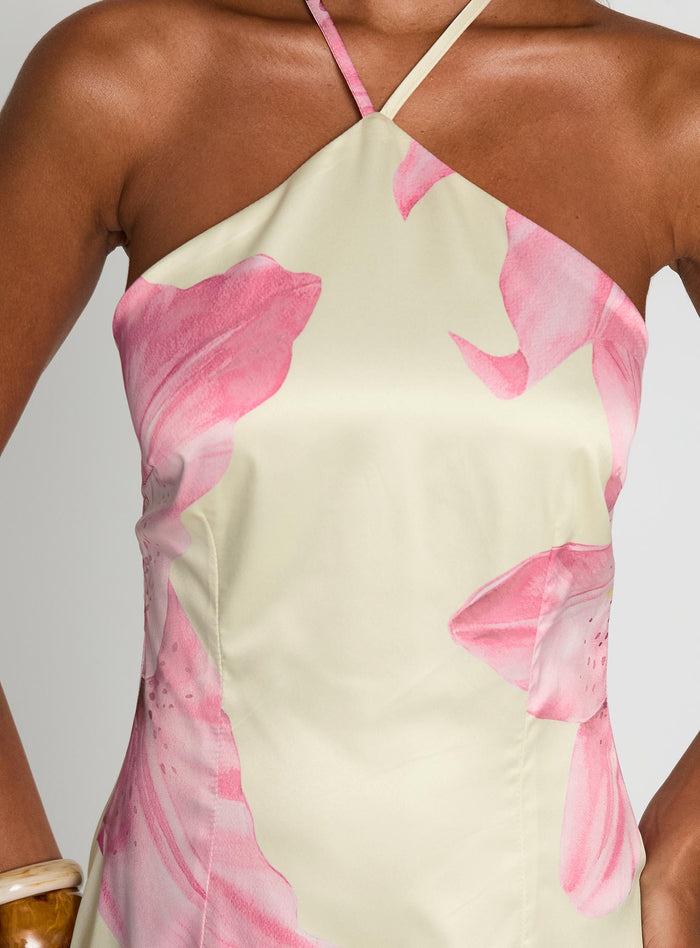 back view of model wearing Princess Polly Gardens Of Eden Halter Mini Dress Multi Asymmetric Neckline