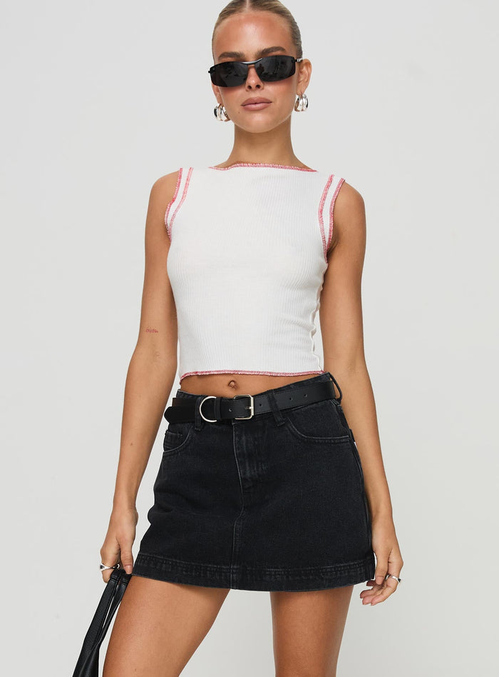 front view of model wearing Princess Polly Gazelle Denim Skort Washed Black High Waisted Shorts