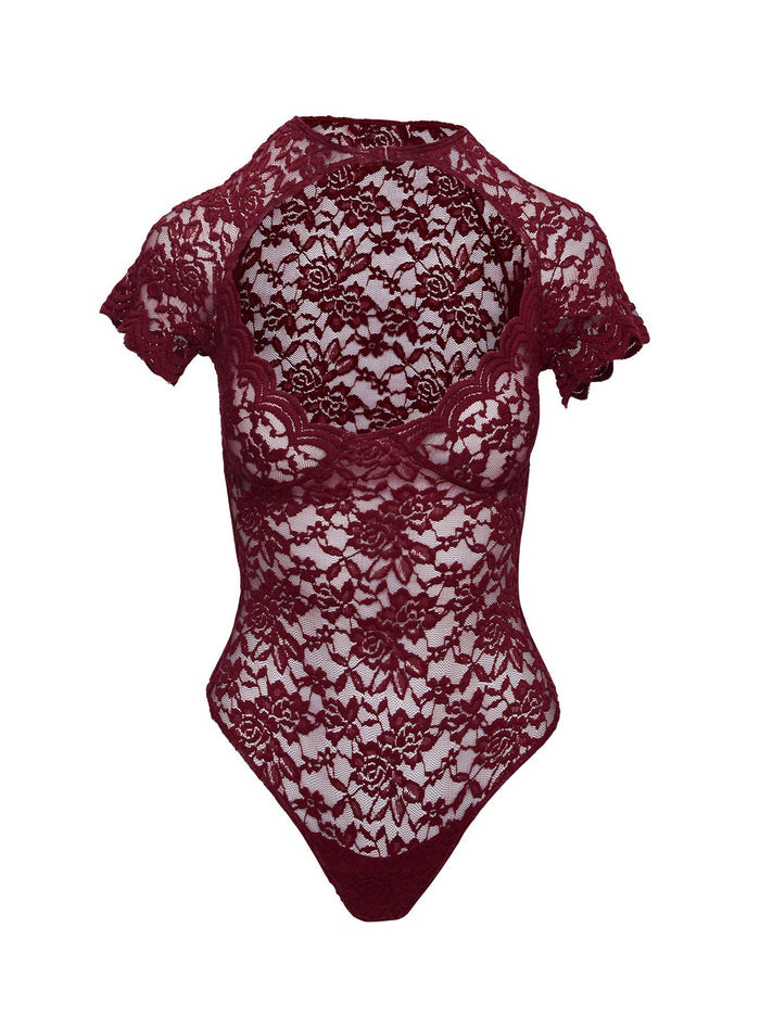 back view of model wearing Princess Polly Giallo Bodysuit Burgundy Short Sleeve