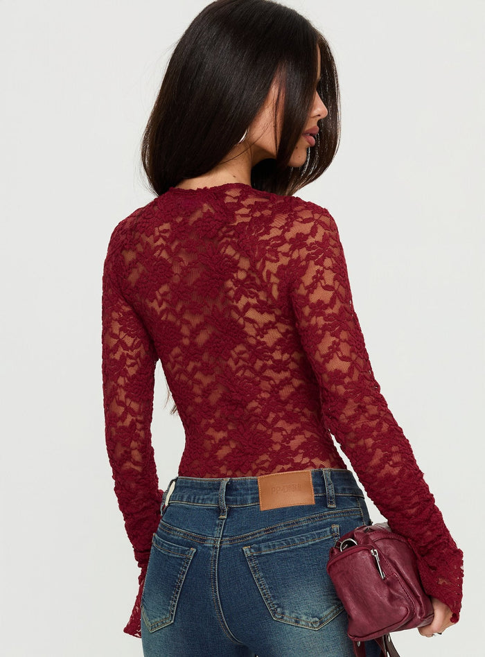 back view of model wearing Princess Polly Giallo Long Sleeve Bodysuit Burgundy Long Sleeve Tops