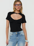 Featuring Giallo Solid Bodysuit Black in womens bodysuit with short sleeves front view of model wearing Princess Polly